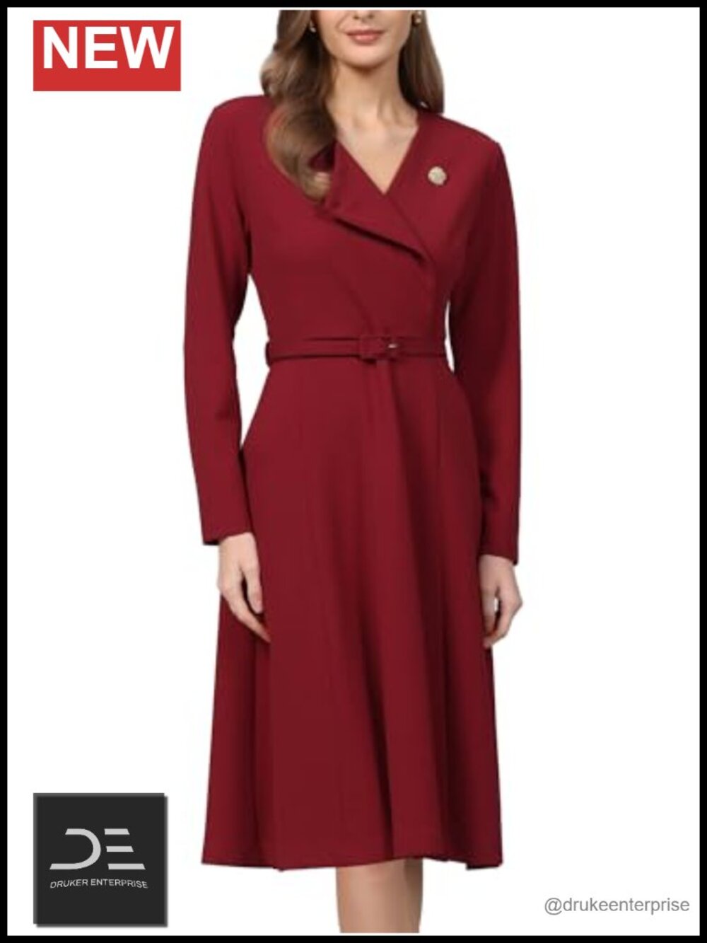 Lapel V Neck Long Sleeve A-Line Midi Work Dress with Belt